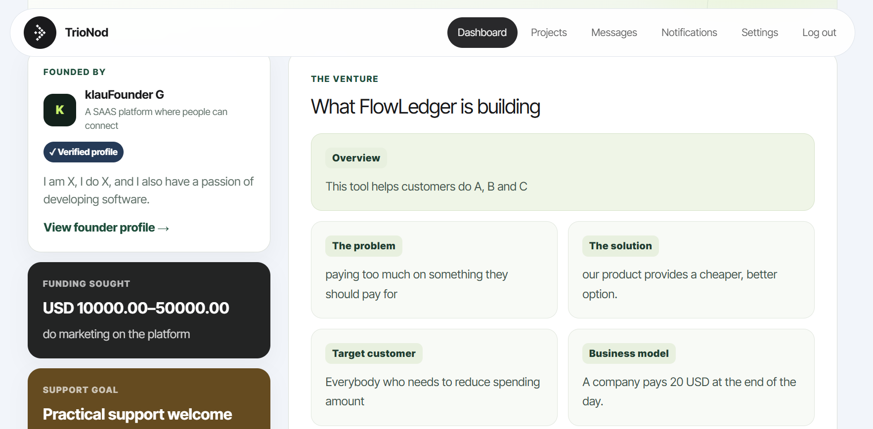TrioNod workspace connecting SaaS founders, investors, and co-founders